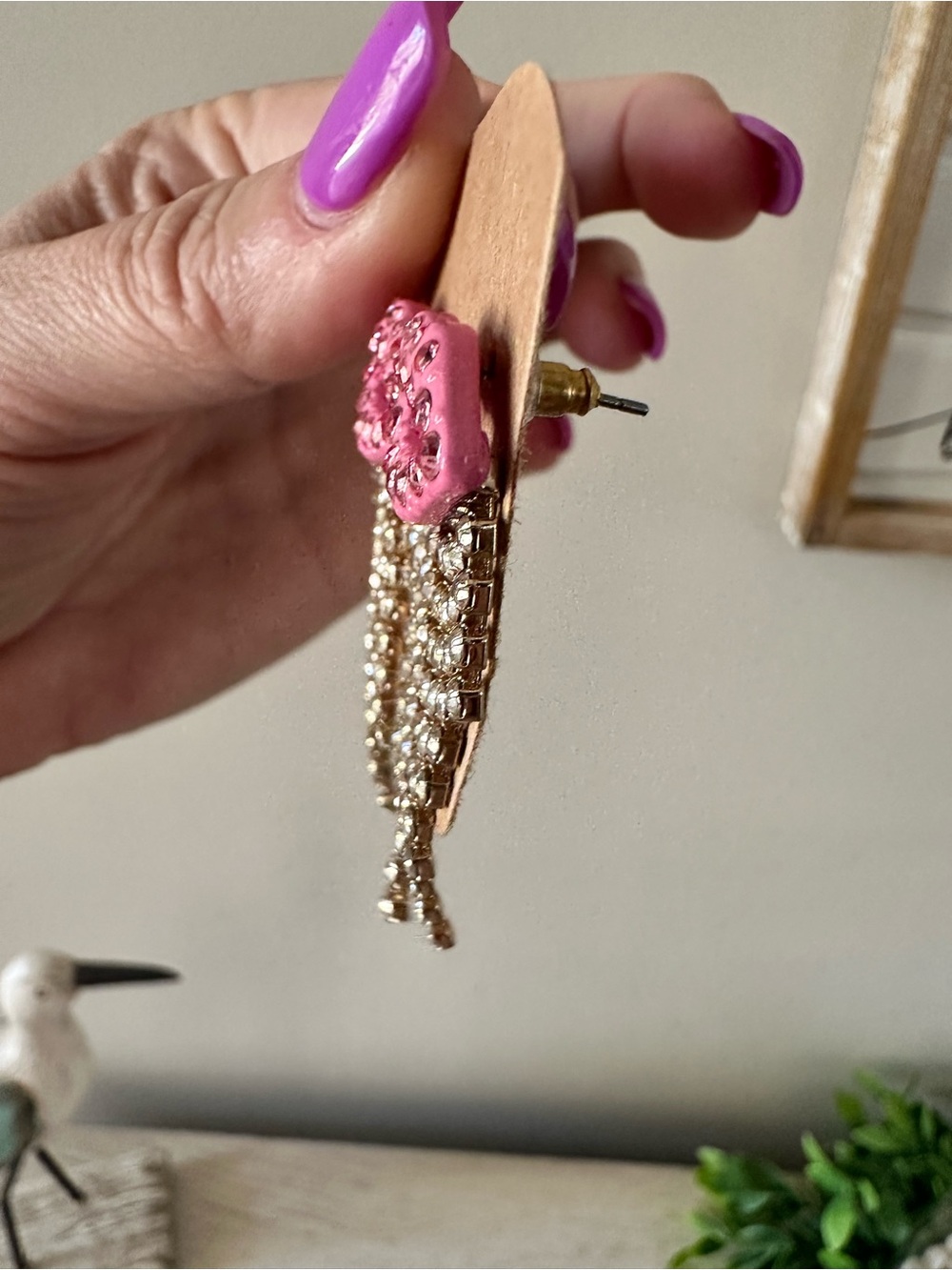 Pink Lip Kiss Rhinestone Fringe Earrings - Picture 5 of 6